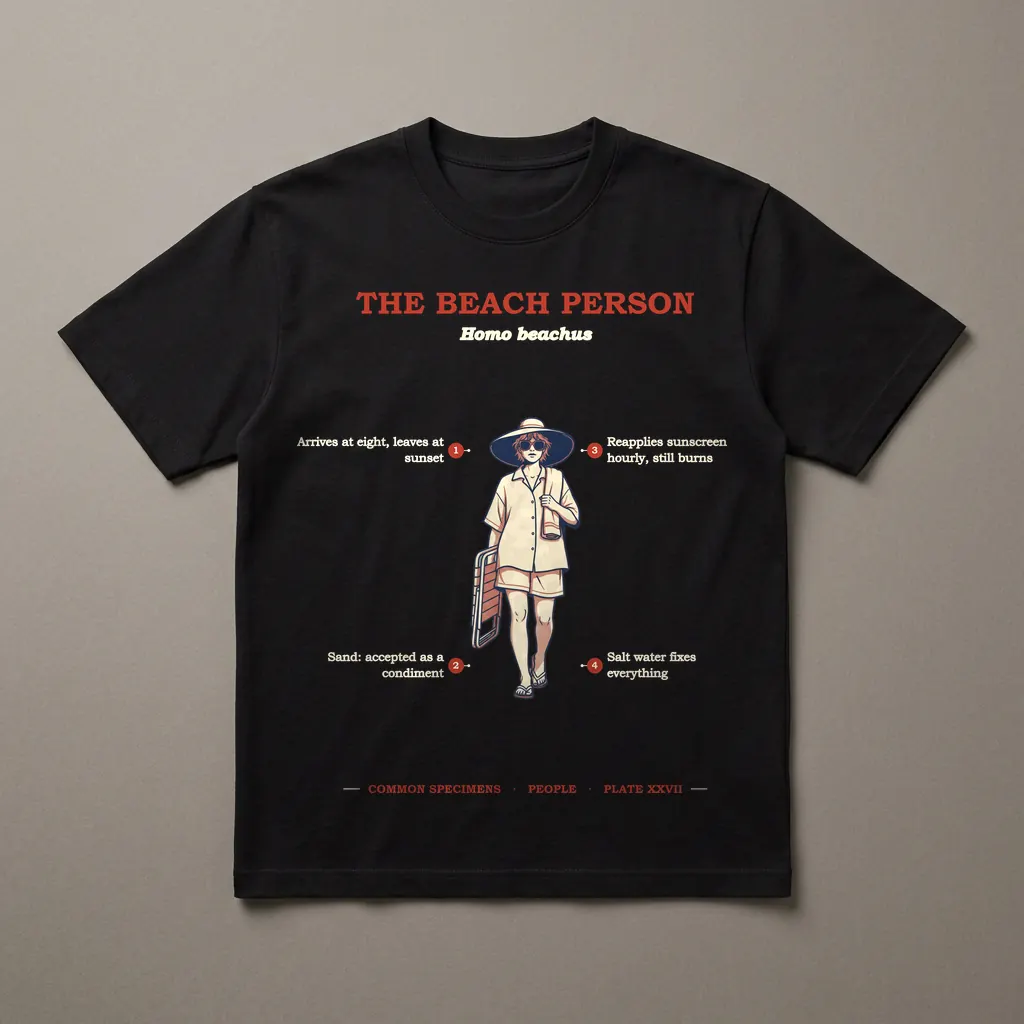 THE BEACH PERSON, printed on a dark garment