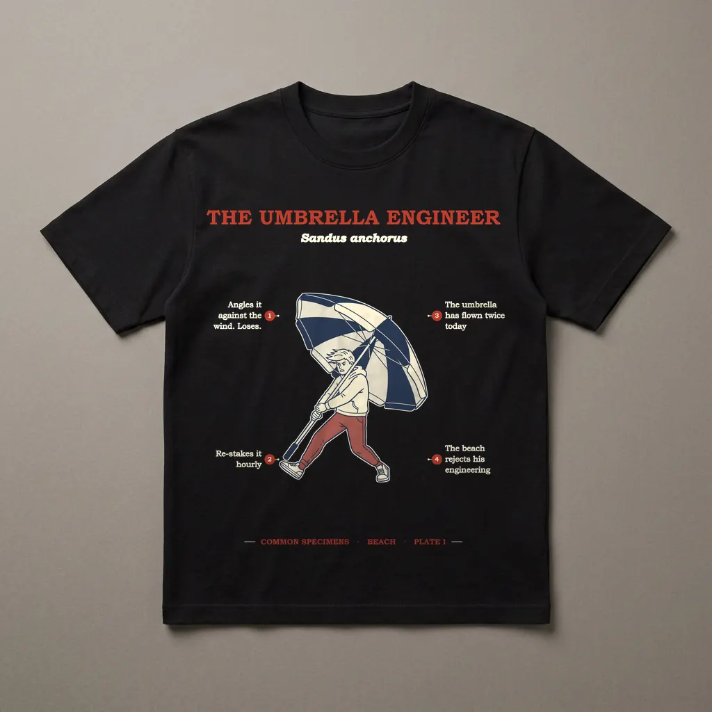 THE UMBRELLA ENGINEER, printed on a dark garment