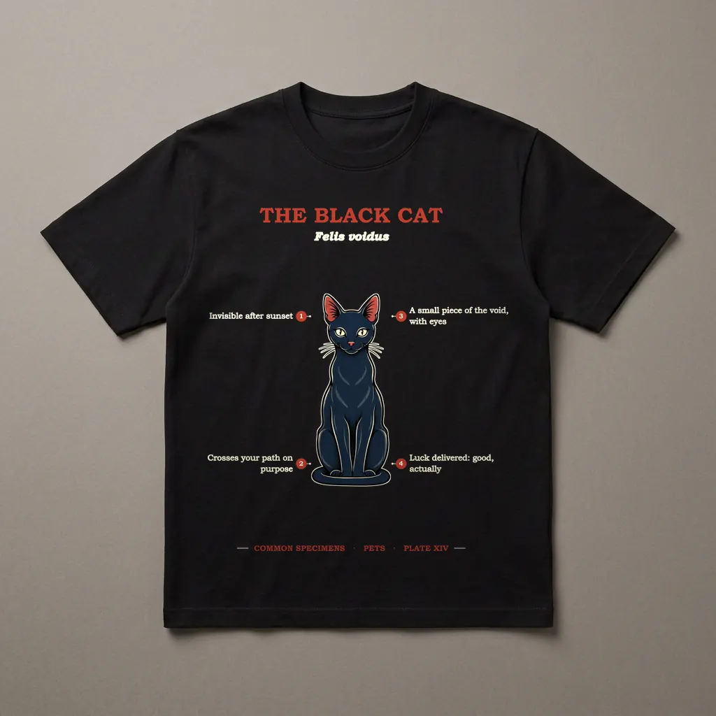 THE BLACK CAT, printed on a dark garment