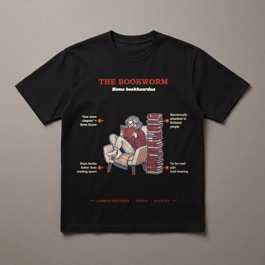 THE BOOKWORM, printed on a dark garment