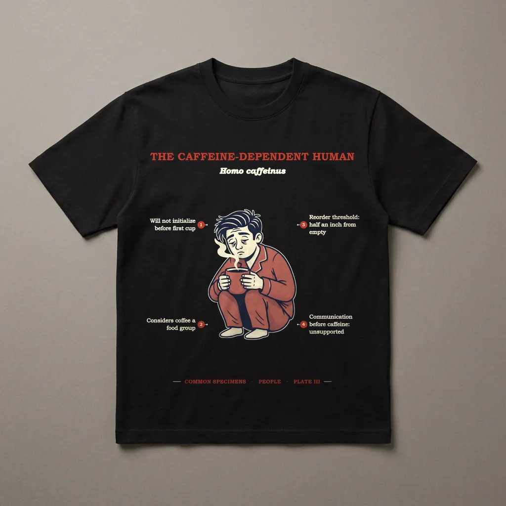 THE CAFFEINE-DEPENDENT HUMAN, printed on a dark garment