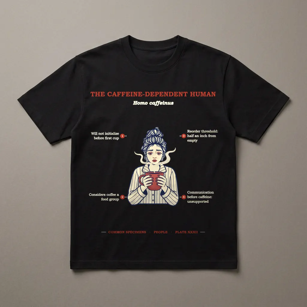 THE CAFFEINE-DEPENDENT HUMAN, printed on a dark garment