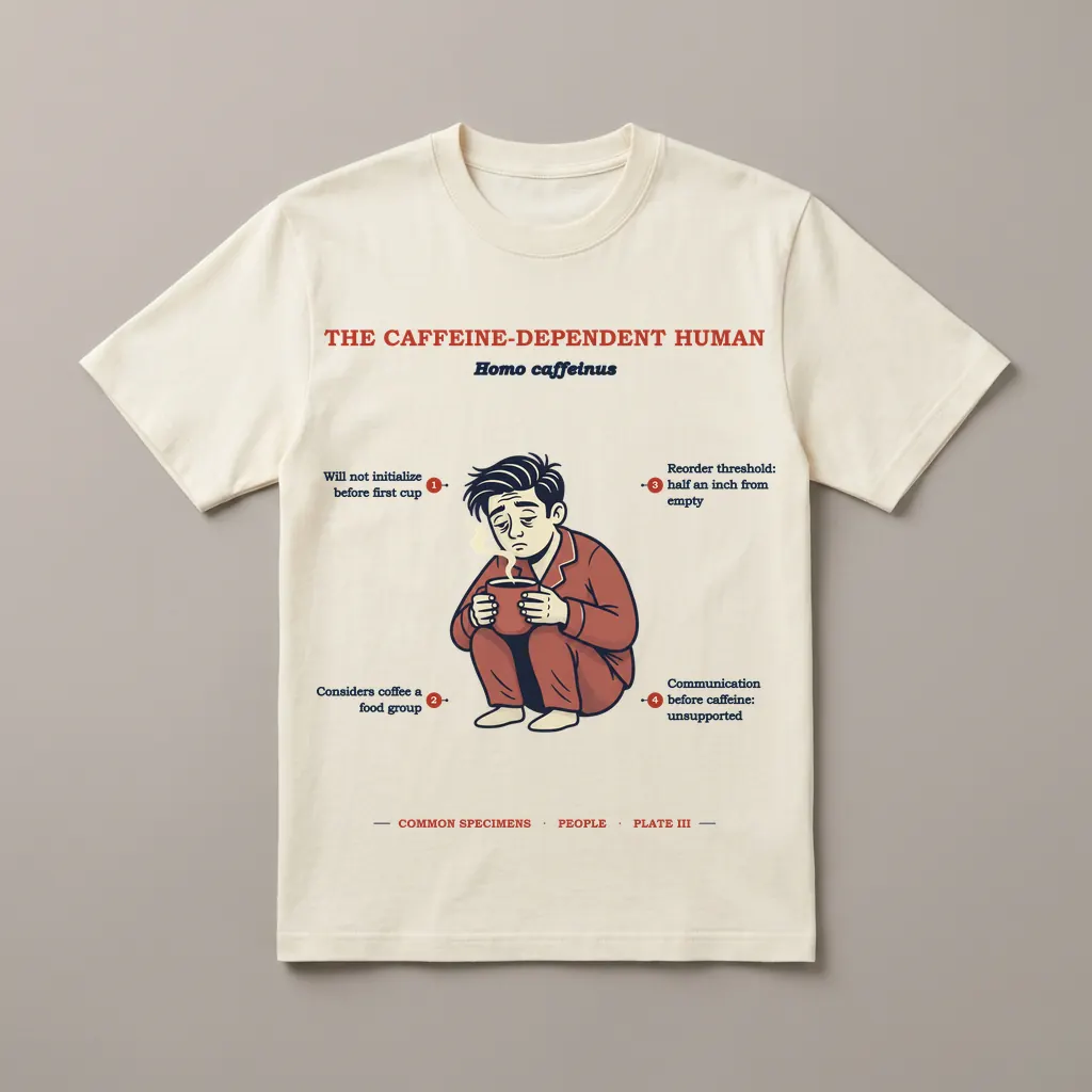 THE CAFFEINE-DEPENDENT HUMAN, printed on a tee