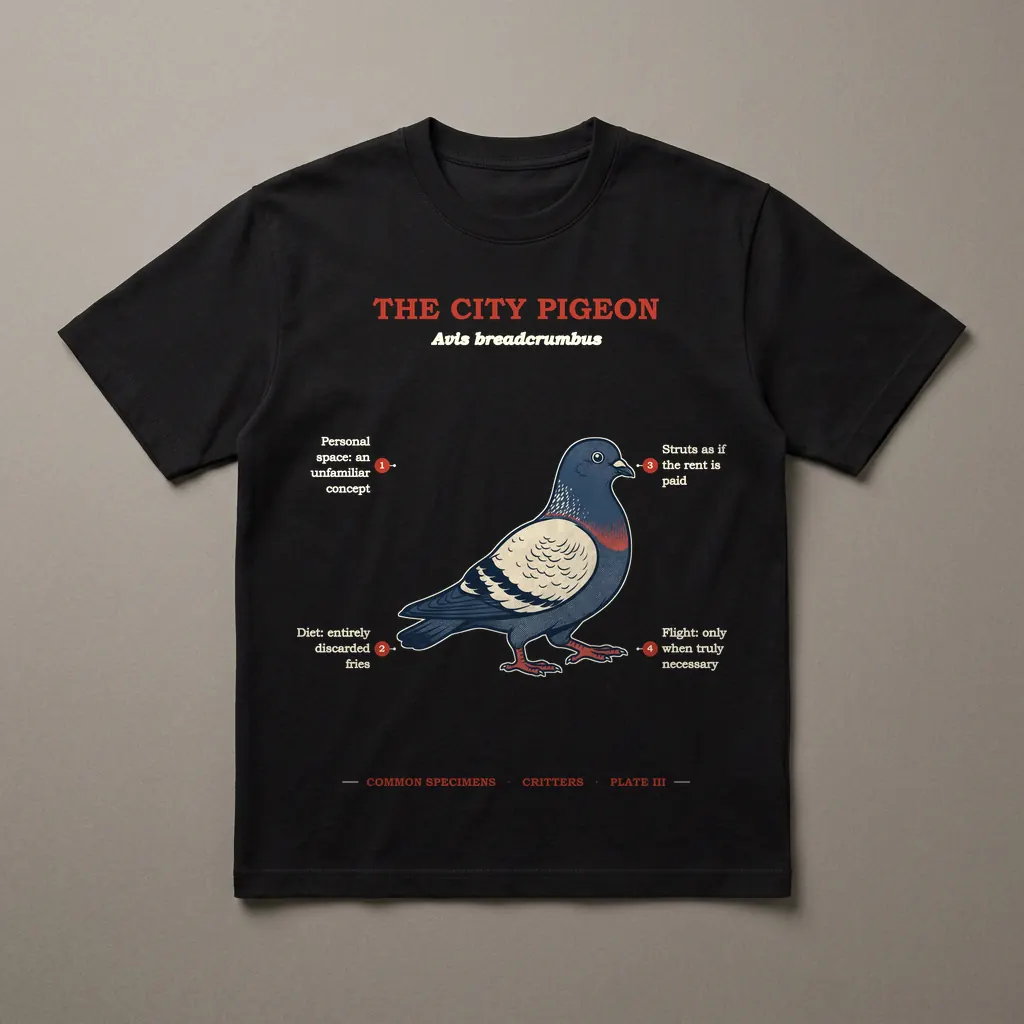THE CITY PIGEON, printed on a dark garment