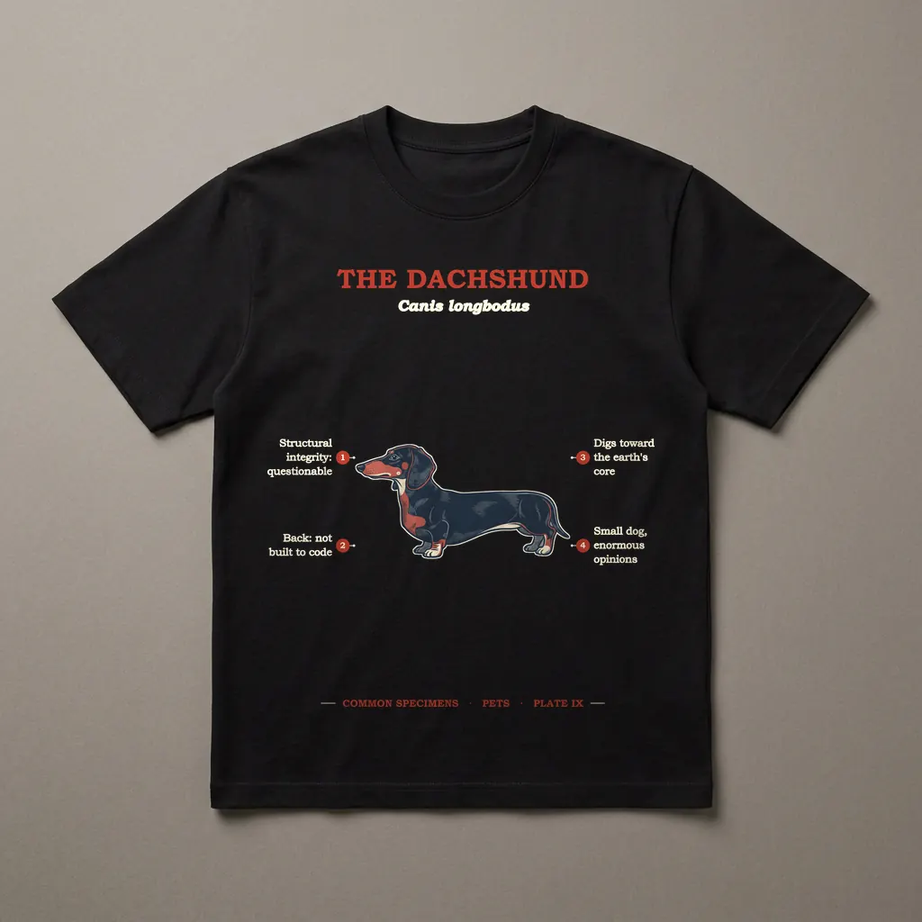 THE DACHSHUND, printed on a dark garment