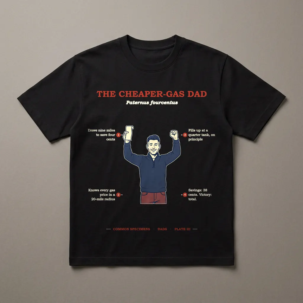 THE CHEAPER-GAS DAD, printed on a dark garment