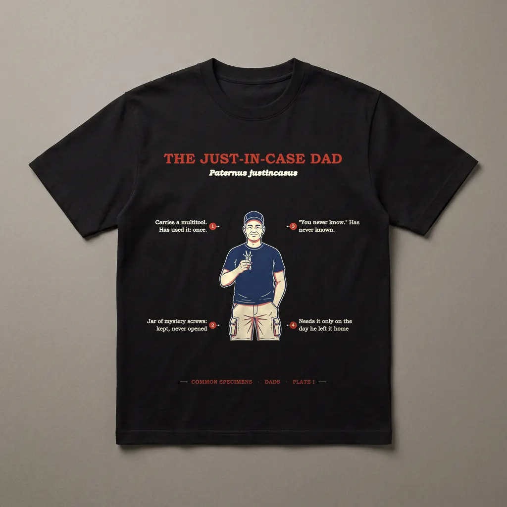 THE JUST-IN-CASE DAD, printed on a dark garment