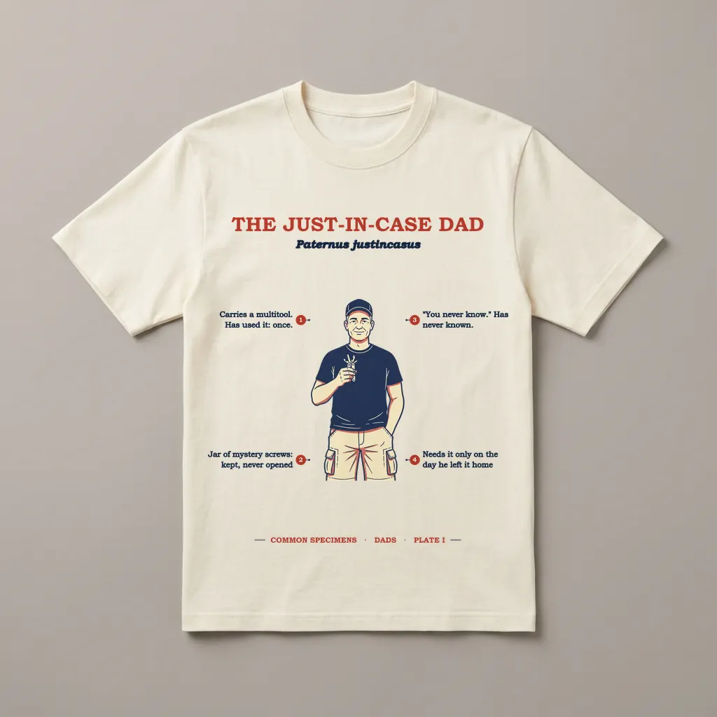 THE JUST-IN-CASE DAD, printed on a tee