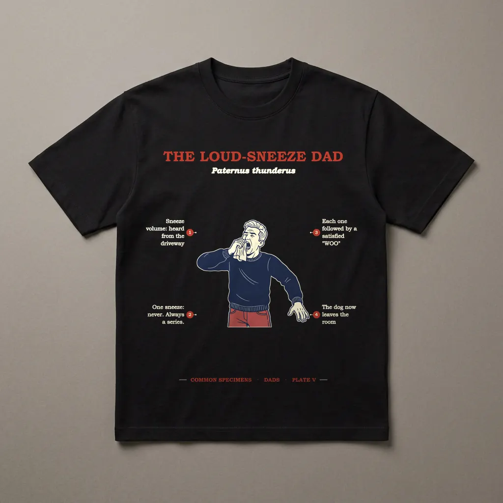 THE LOUD-SNEEZE DAD, printed on a dark garment