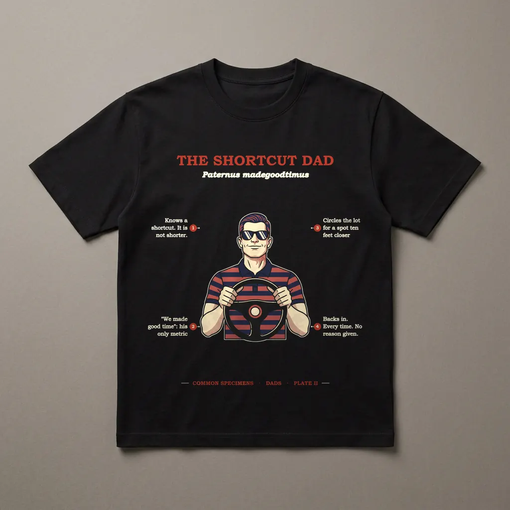 THE SHORTCUT DAD, printed on a dark garment