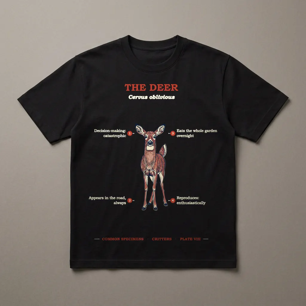 THE DEER, printed on a dark garment