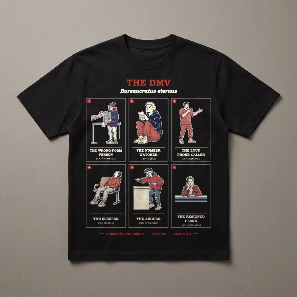 THE DMV, printed on a dark garment