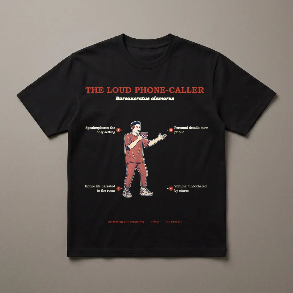 THE LOUD PHONE-CALLER, printed on a dark garment