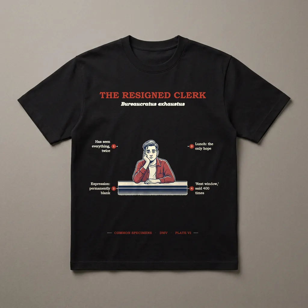 THE RESIGNED CLERK, printed on a dark garment