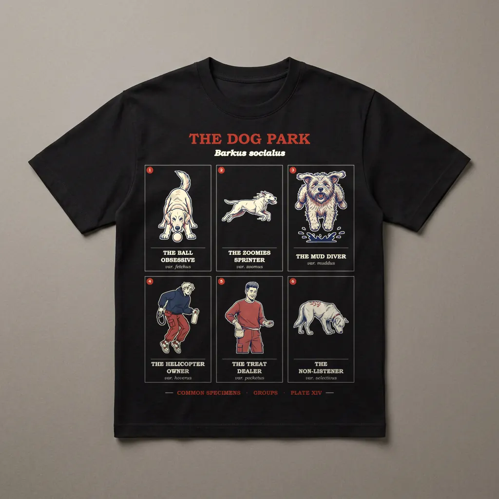 THE DOG PARK, printed on a dark garment