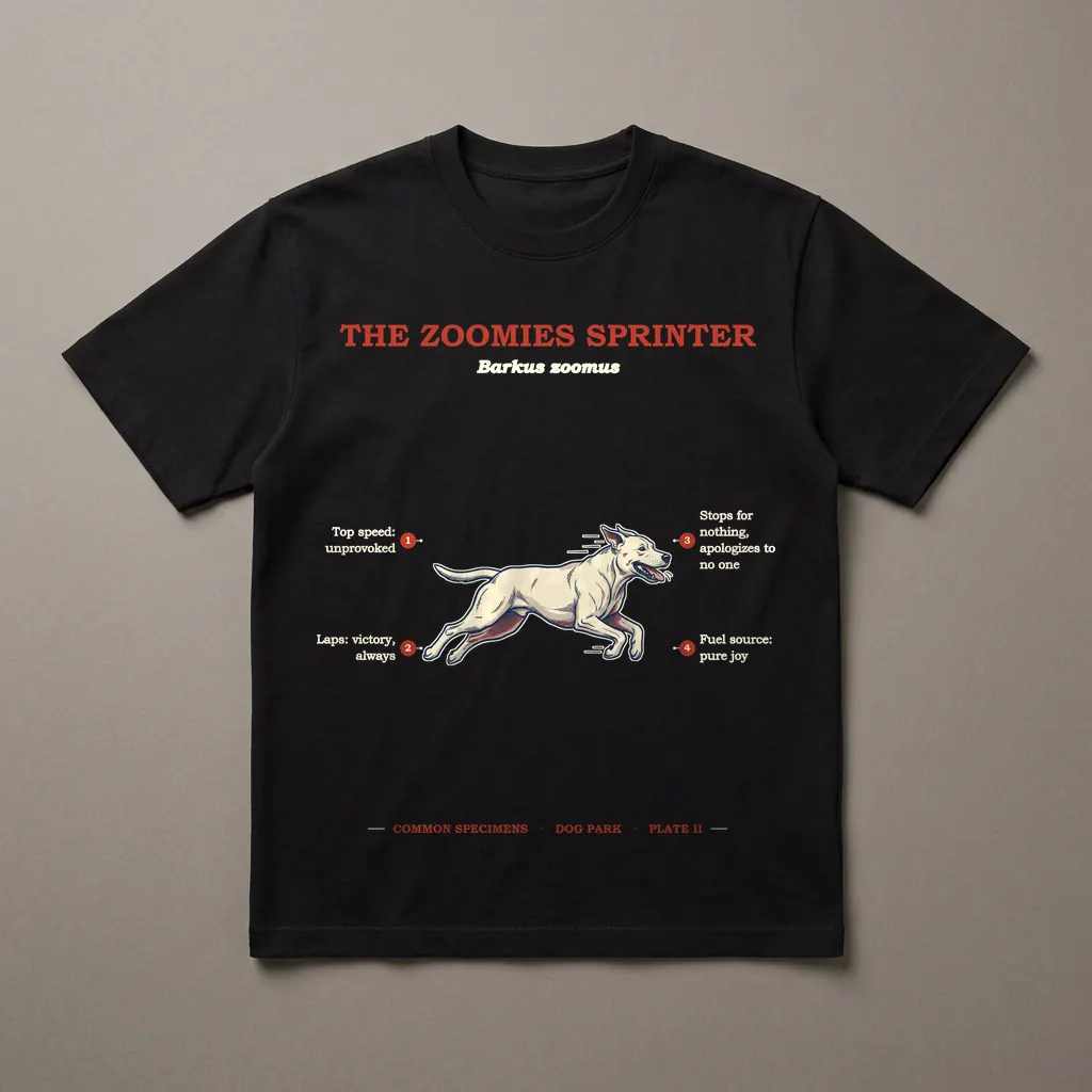 THE ZOOMIES SPRINTER, printed on a dark garment