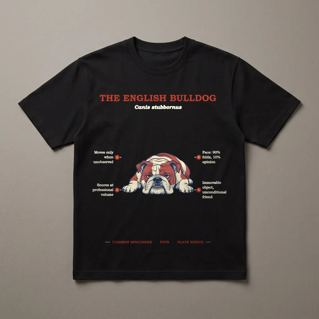 THE ENGLISH BULLDOG, printed on a dark garment