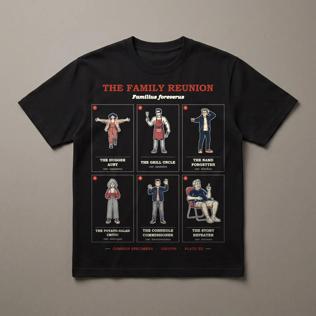 THE FAMILY REUNION, printed on a dark garment