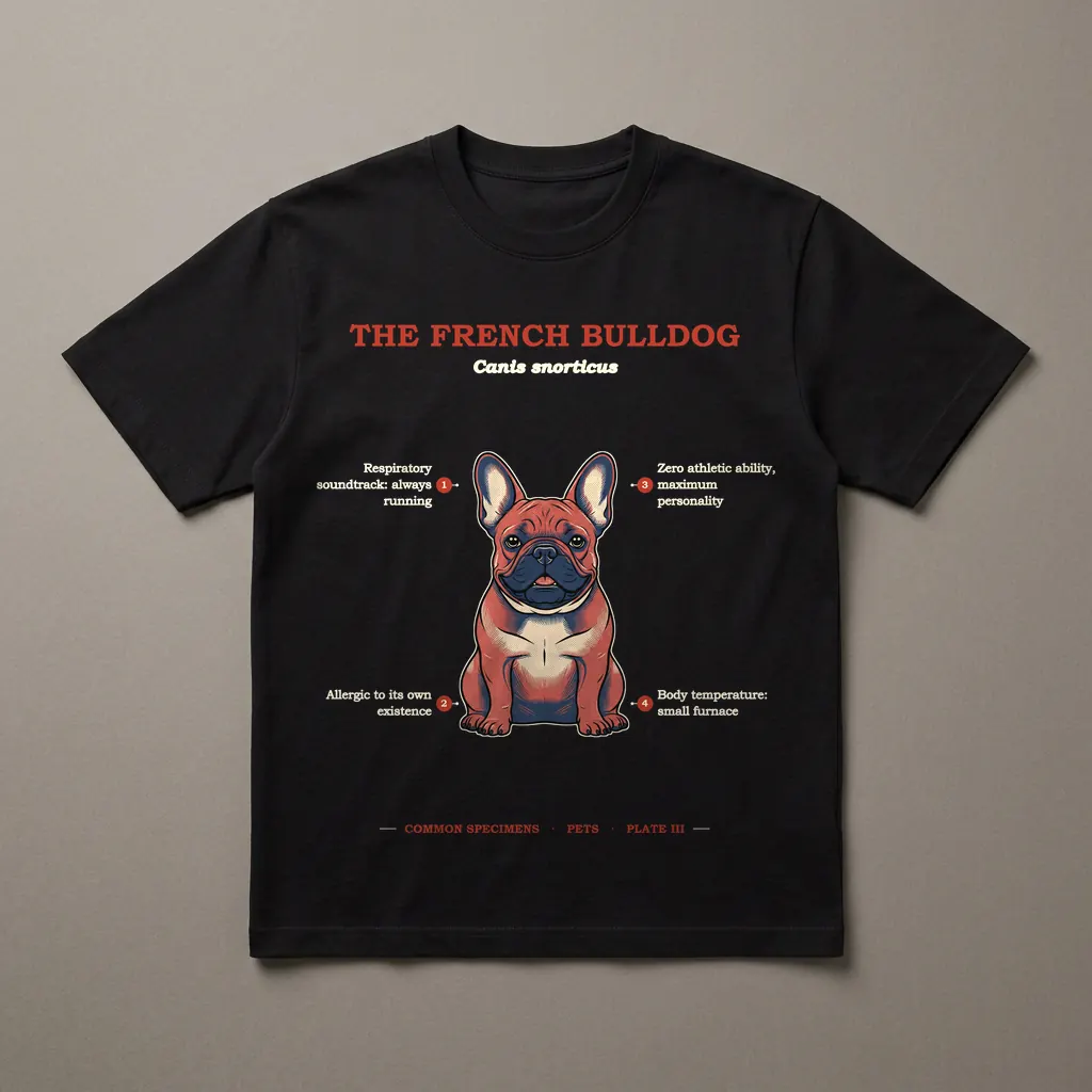 THE FRENCH BULLDOG, printed on a dark garment