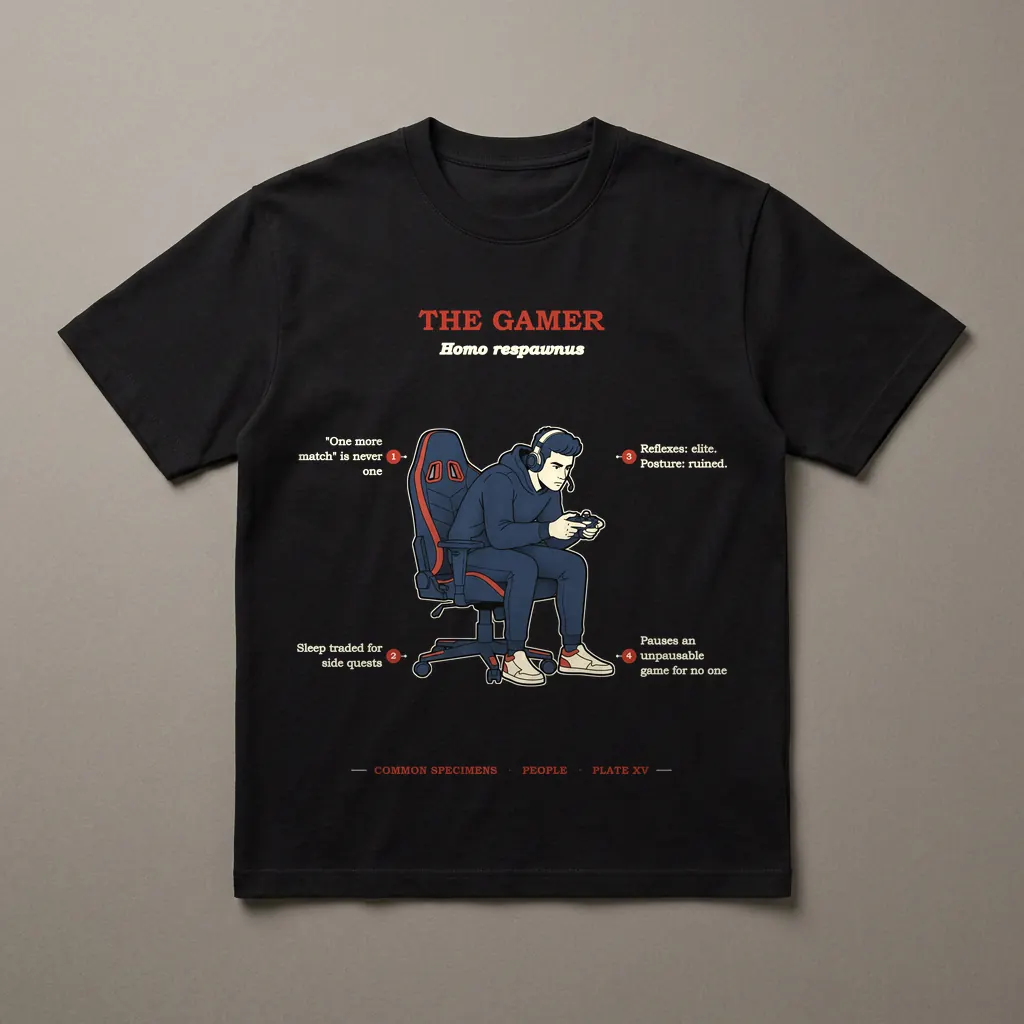 THE GAMER, printed on a dark garment