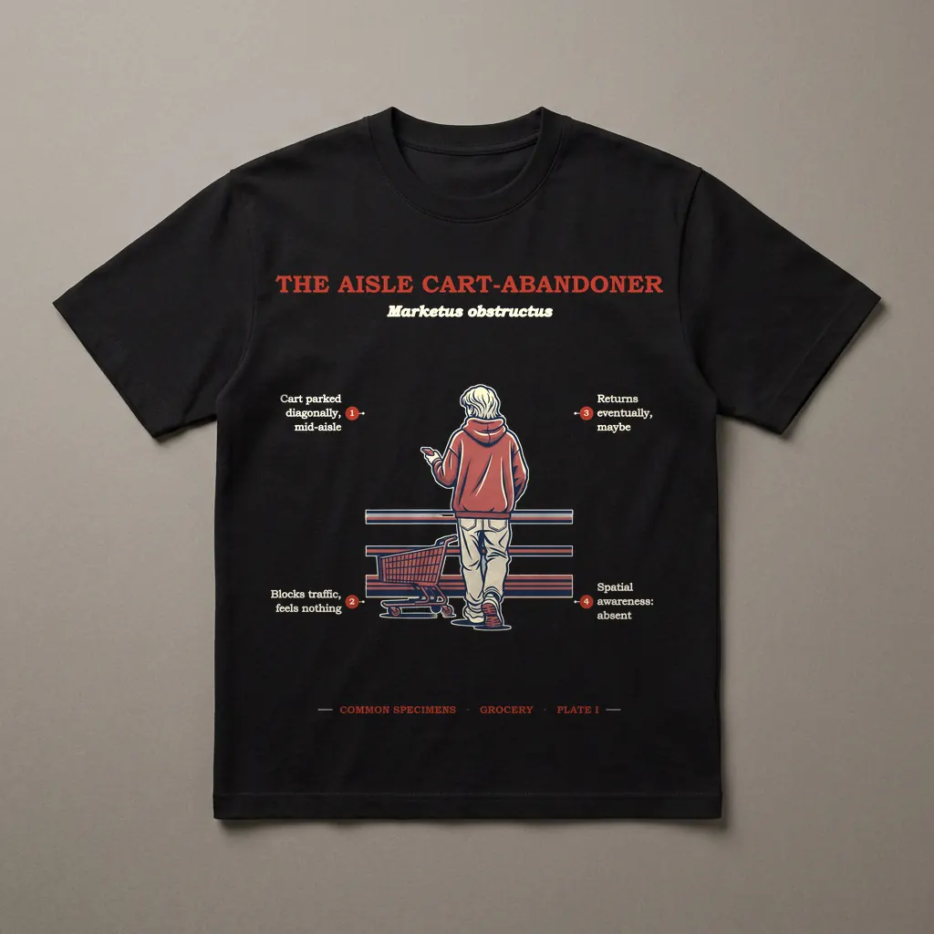 THE AISLE CART-ABANDONER, printed on a dark garment