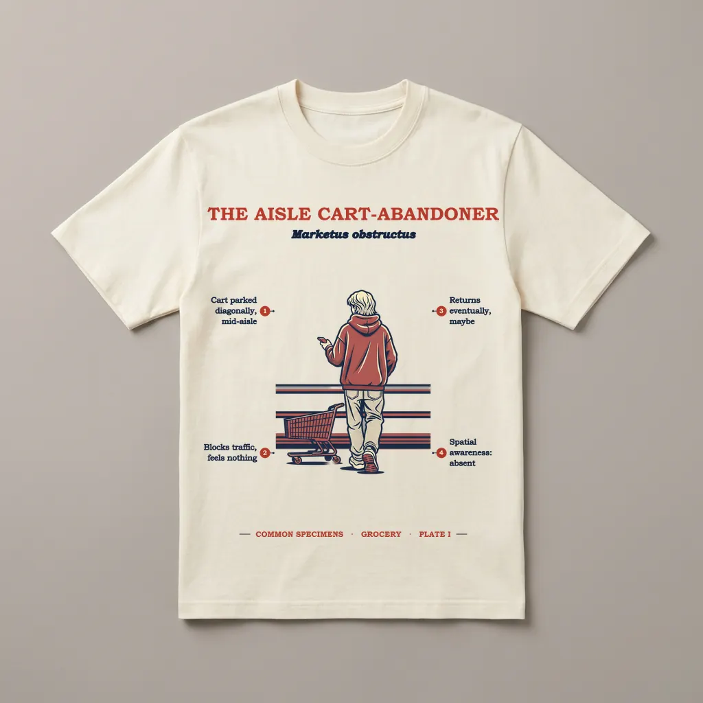 THE AISLE CART-ABANDONER, printed on a tee