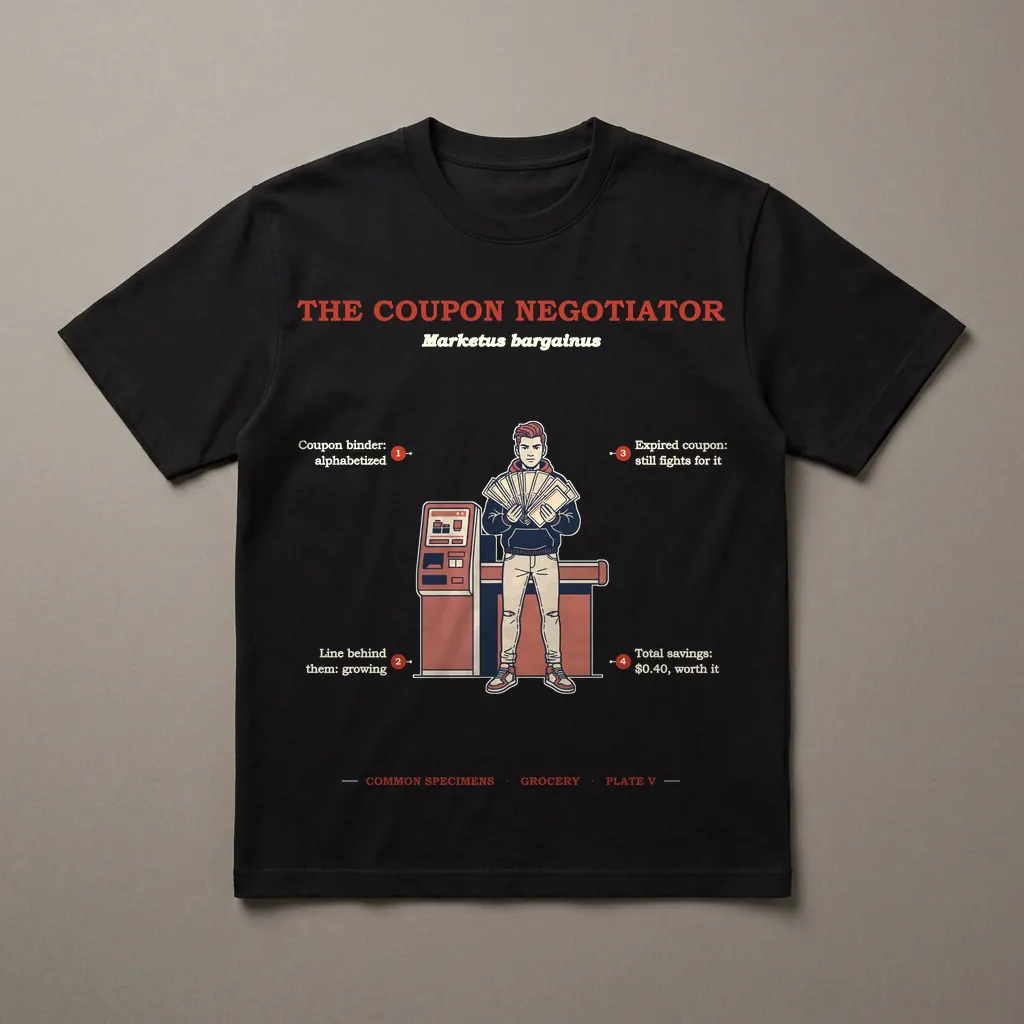 THE COUPON NEGOTIATOR, printed on a dark garment