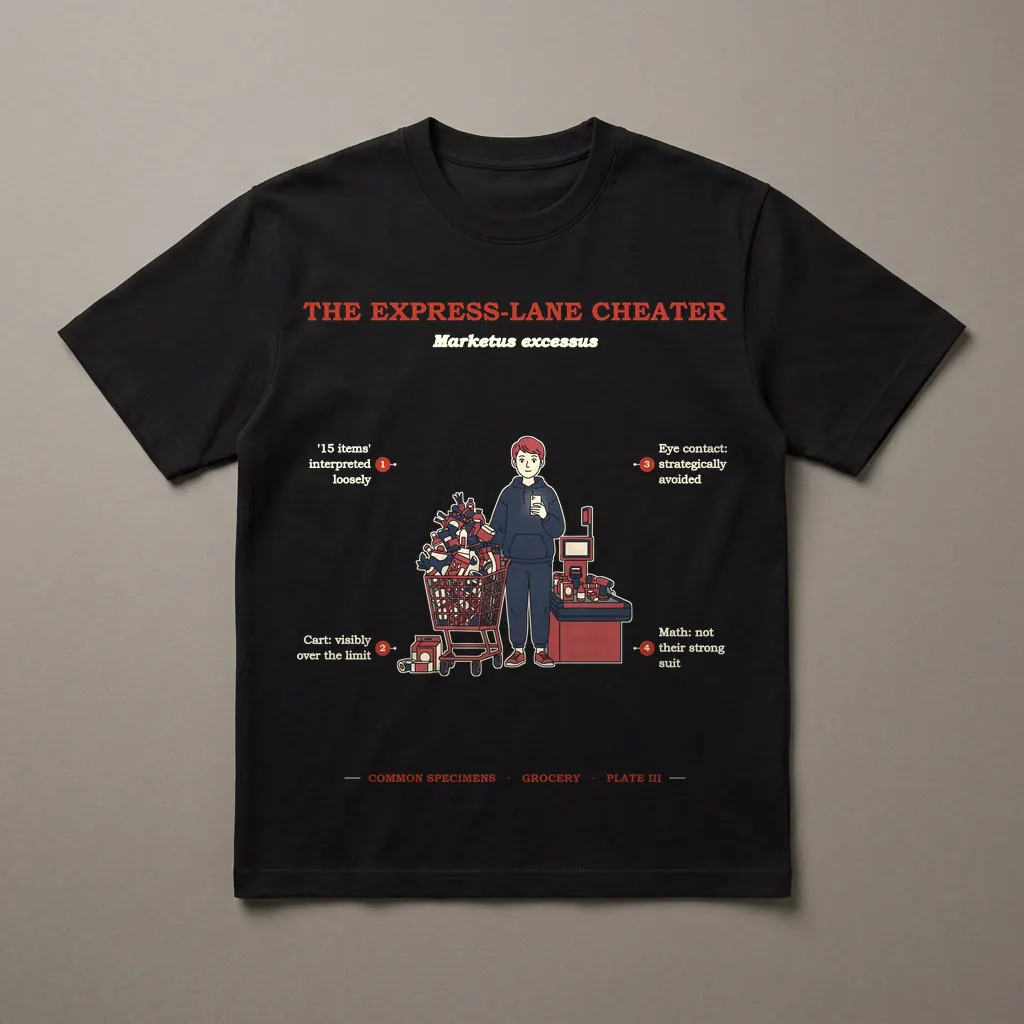 THE EXPRESS-LANE CHEATER, printed on a dark garment