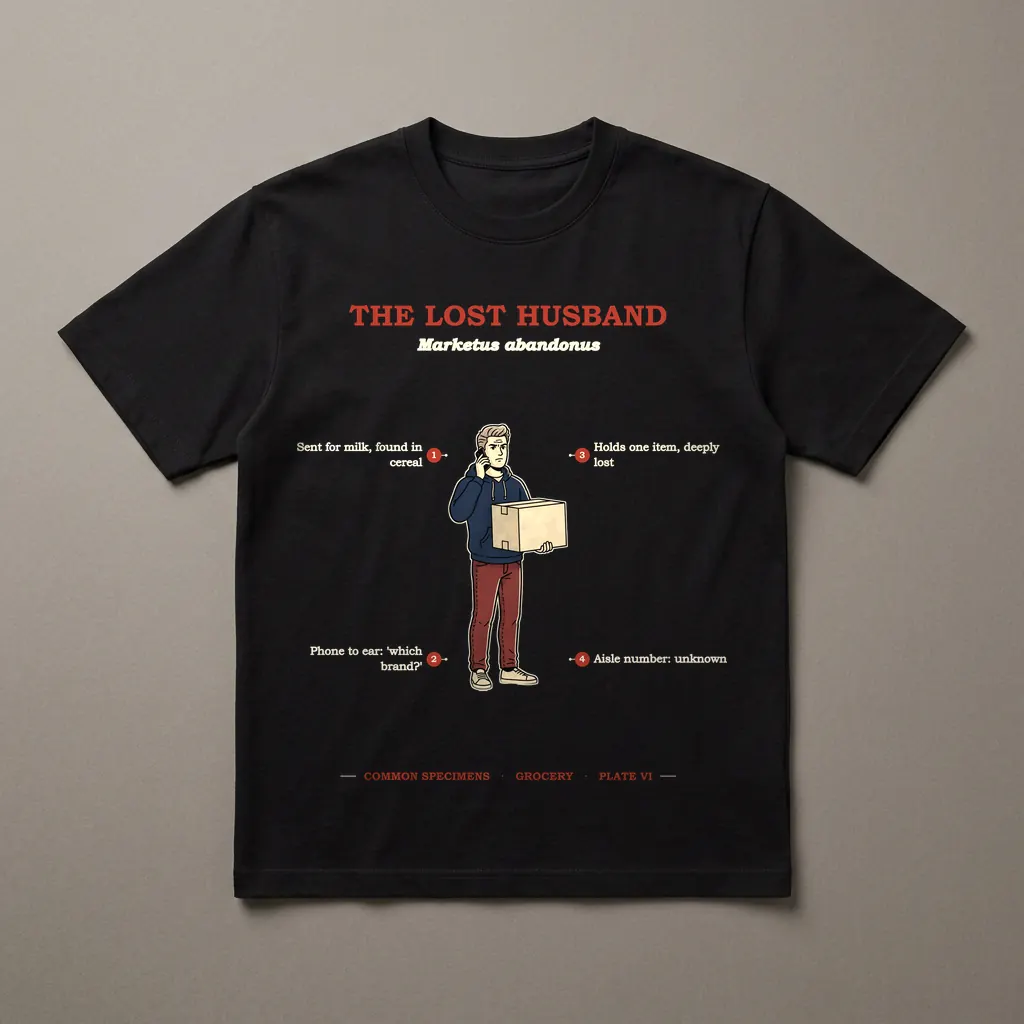 THE LOST HUSBAND, printed on a dark garment