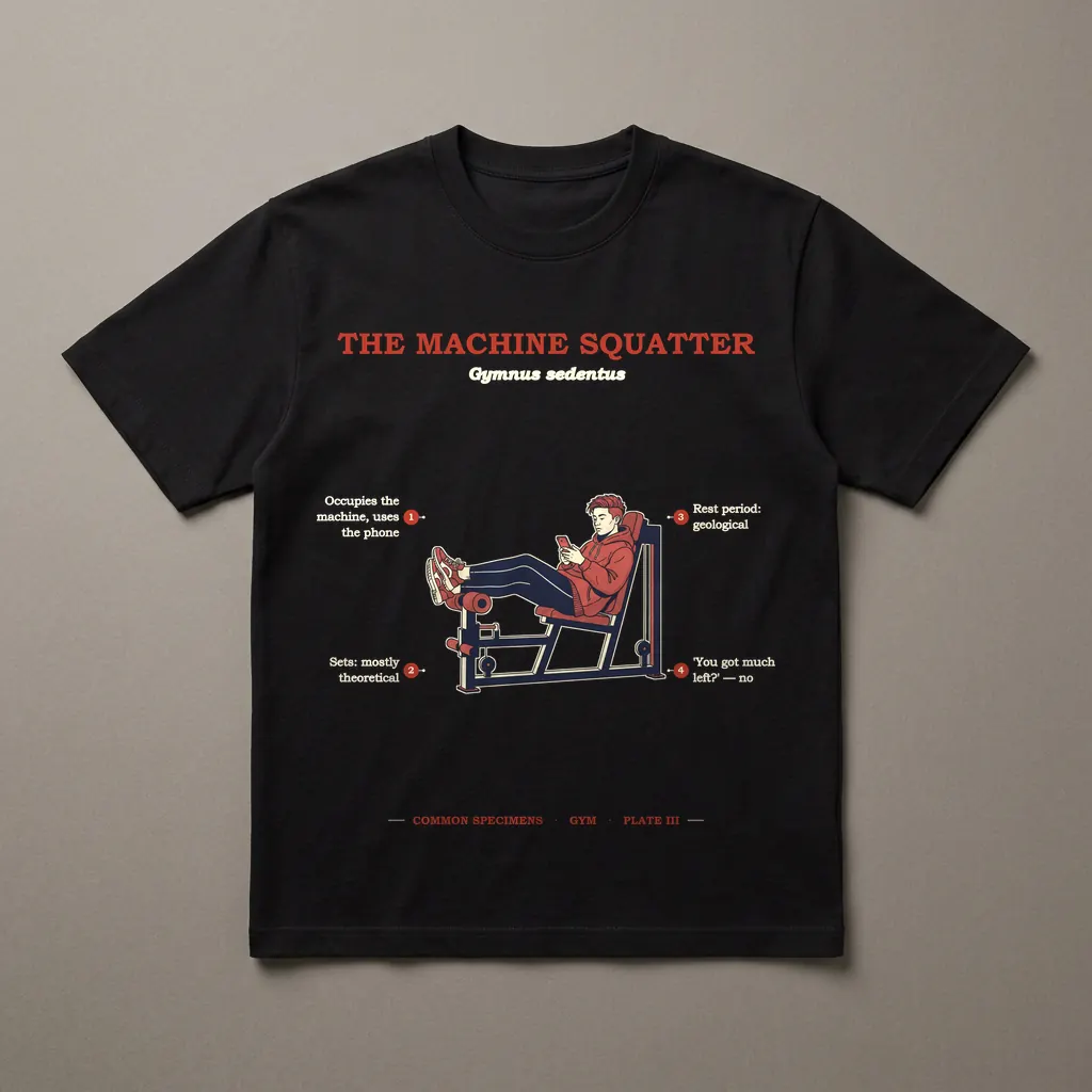 THE MACHINE SQUATTER, printed on a dark garment