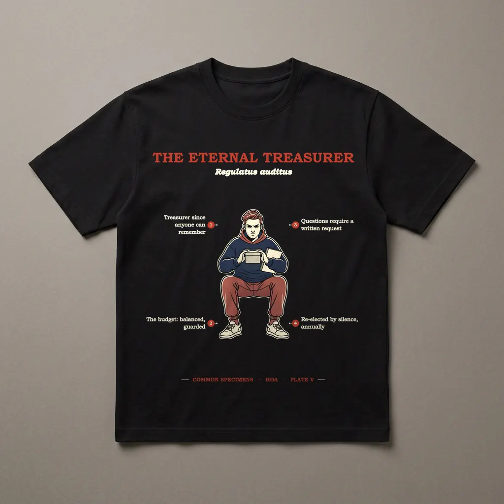 THE ETERNAL TREASURER, printed on a dark garment
