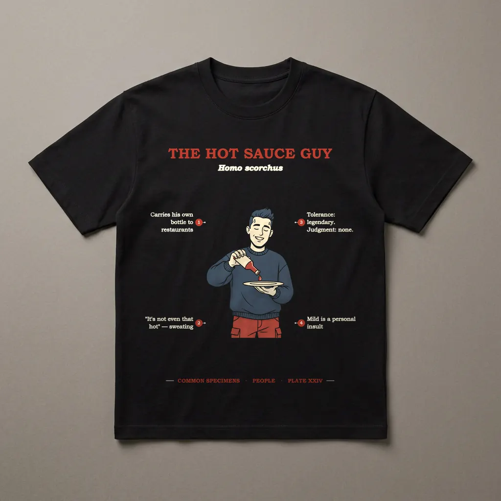 THE HOT SAUCE GUY, printed on a dark garment