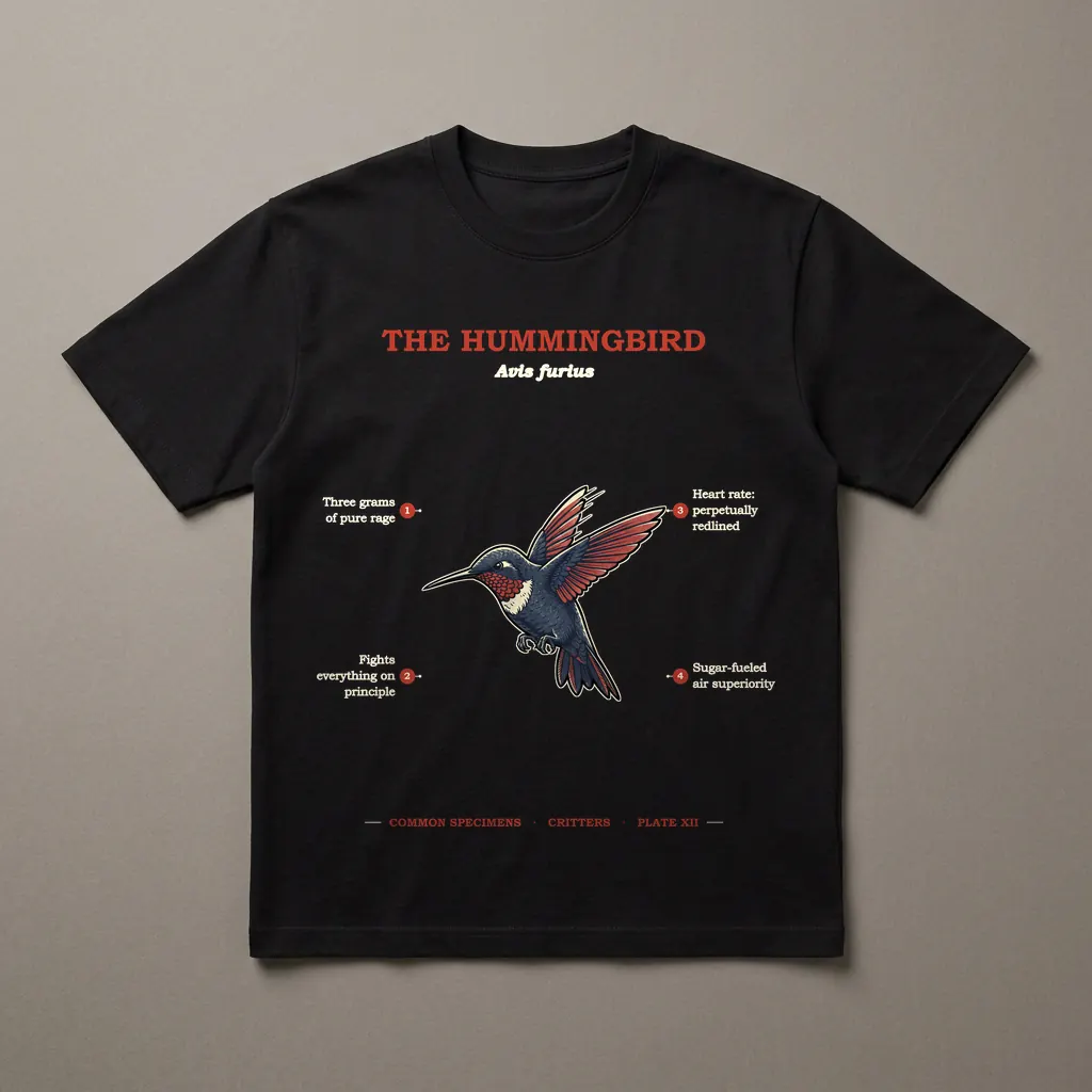 THE HUMMINGBIRD, printed on a dark garment