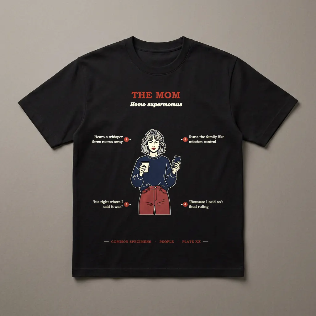 THE MOM, printed on a dark garment