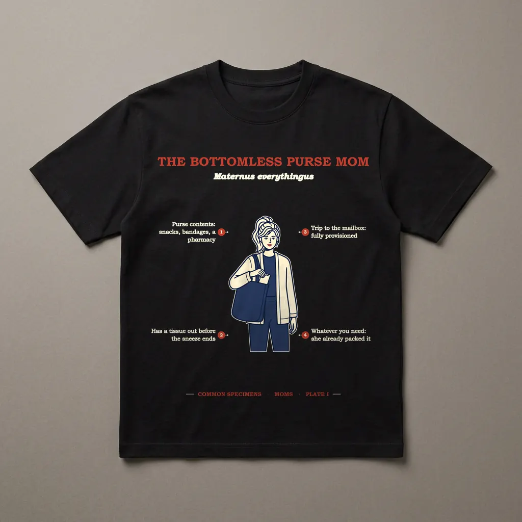 THE BOTTOMLESS PURSE MOM, printed on a dark garment