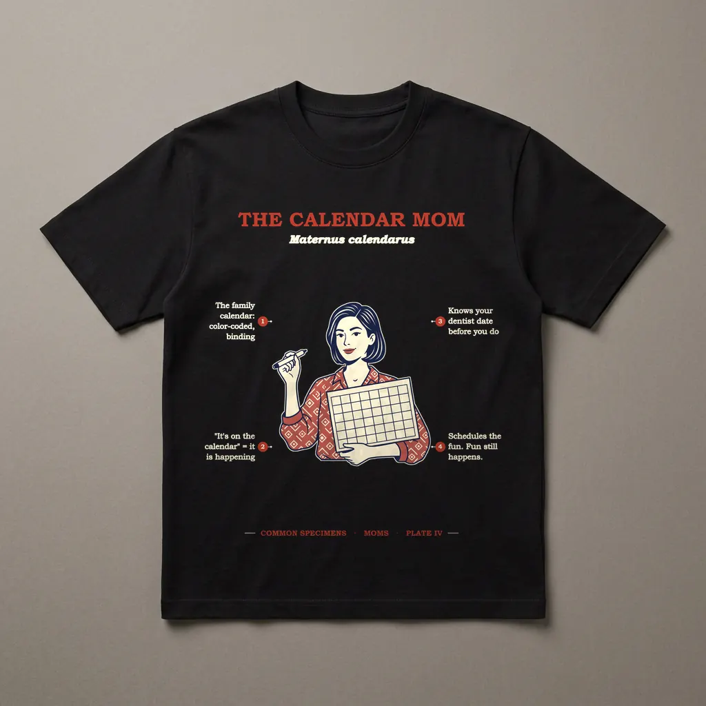 THE CALENDAR MOM, printed on a dark garment
