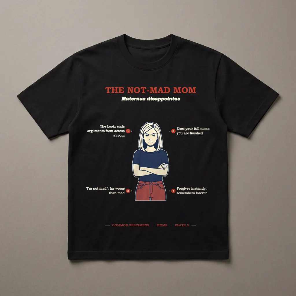 THE NOT-MAD MOM, printed on a dark garment