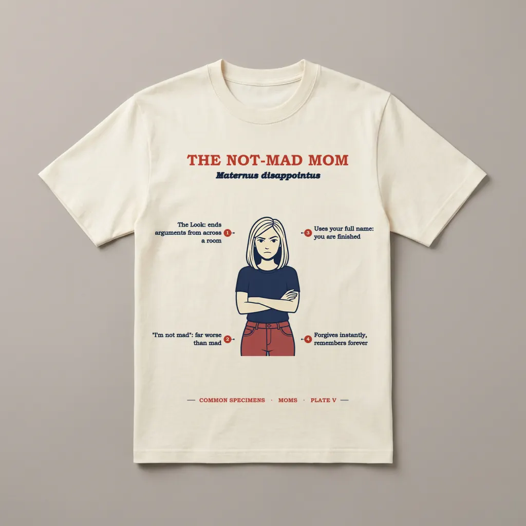 THE NOT-MAD MOM, printed on a tee