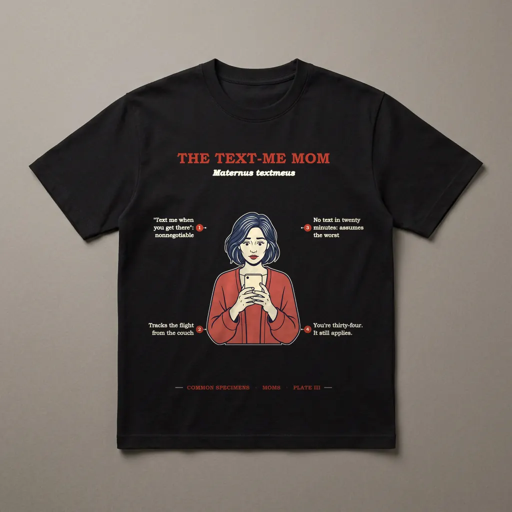 THE TEXT-ME MOM, printed on a dark garment
