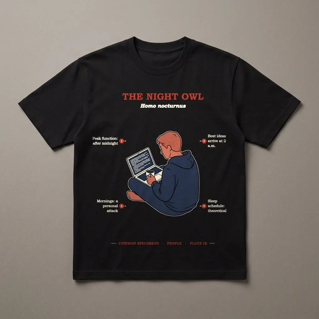 THE NIGHT OWL, printed on a dark garment