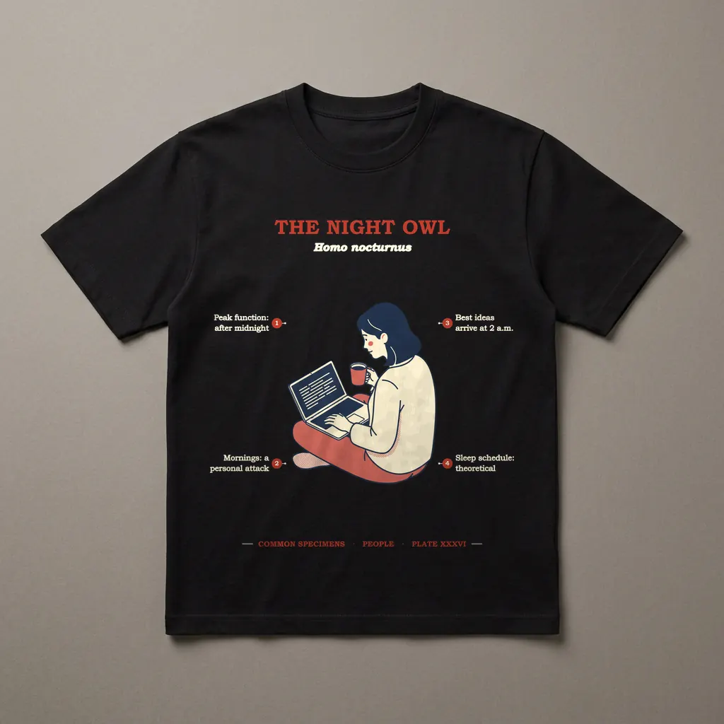 THE NIGHT OWL, printed on a dark garment
