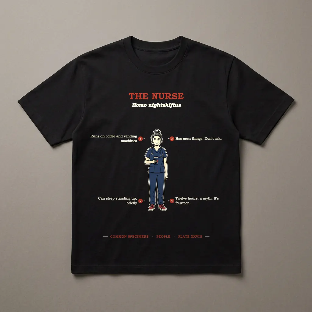 THE NURSE, printed on a dark garment