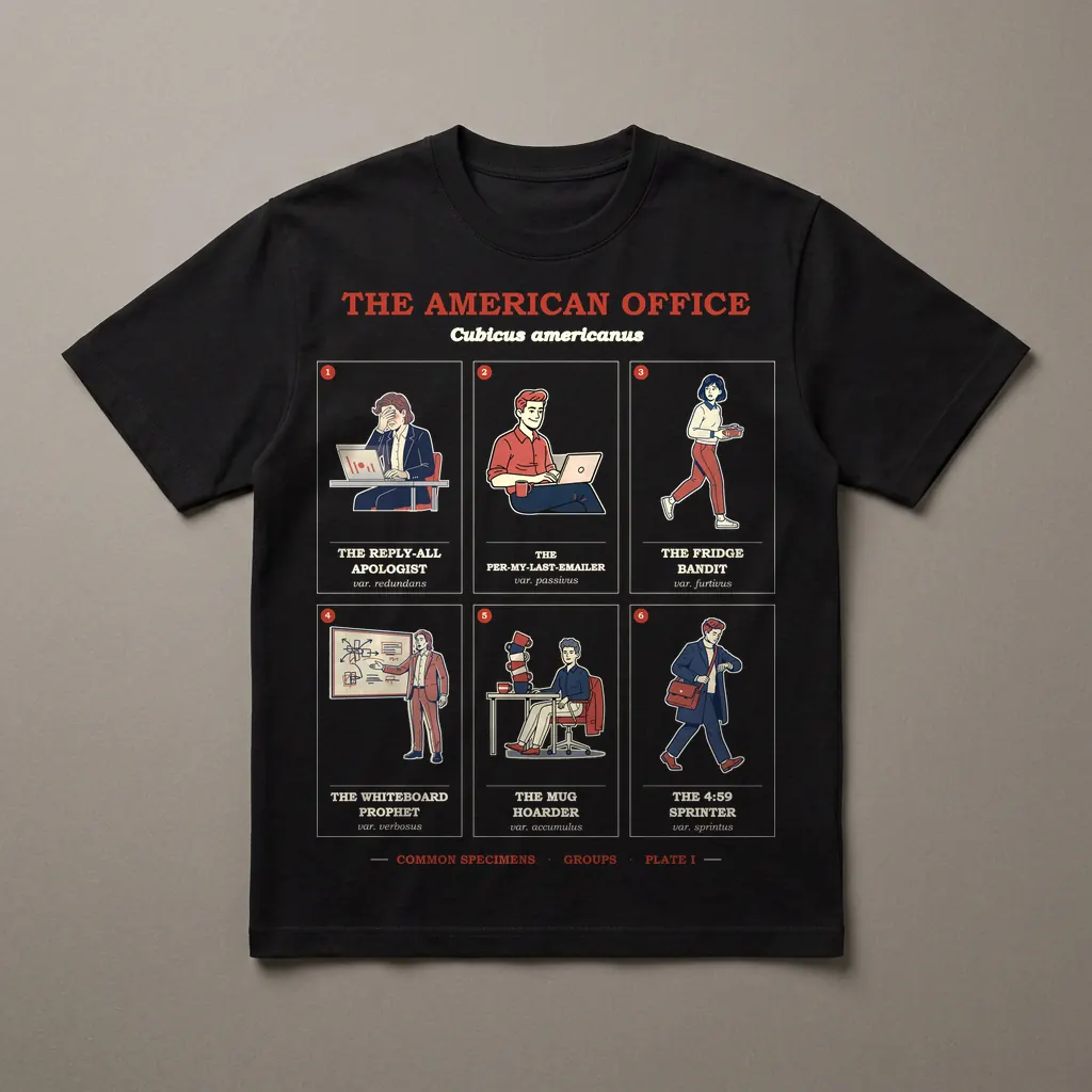 THE AMERICAN OFFICE, printed on a dark garment
