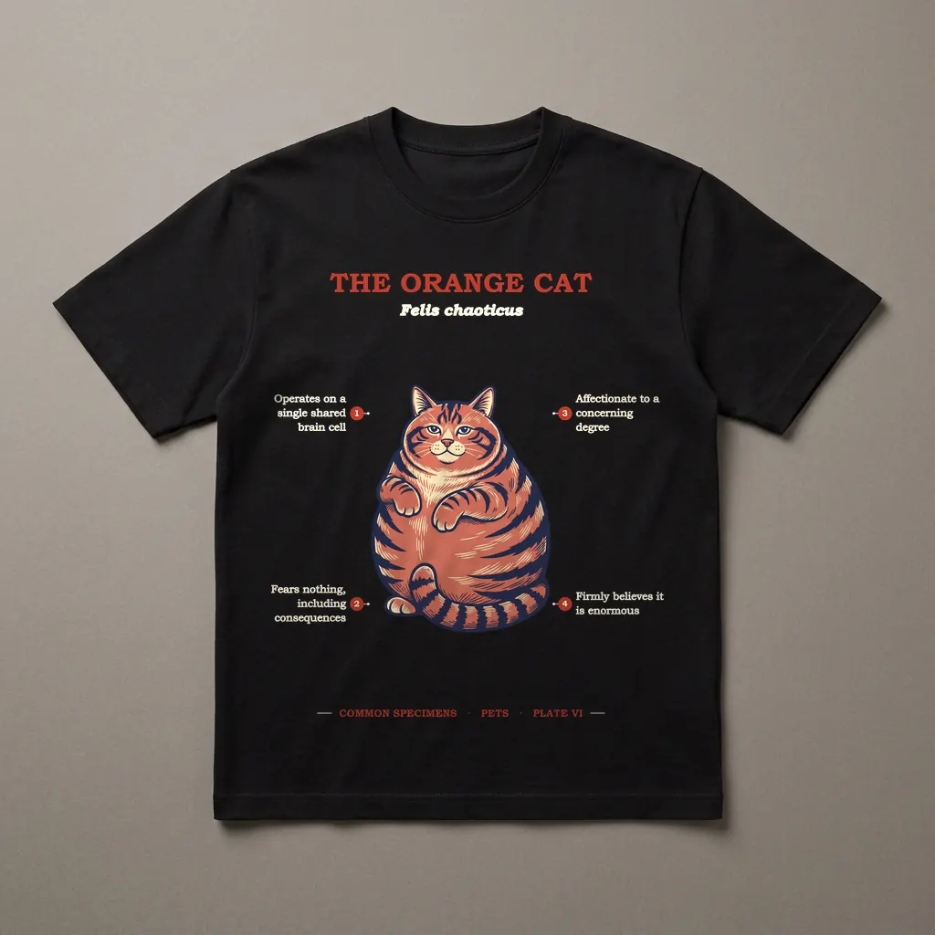 THE ORANGE CAT, printed on a dark garment