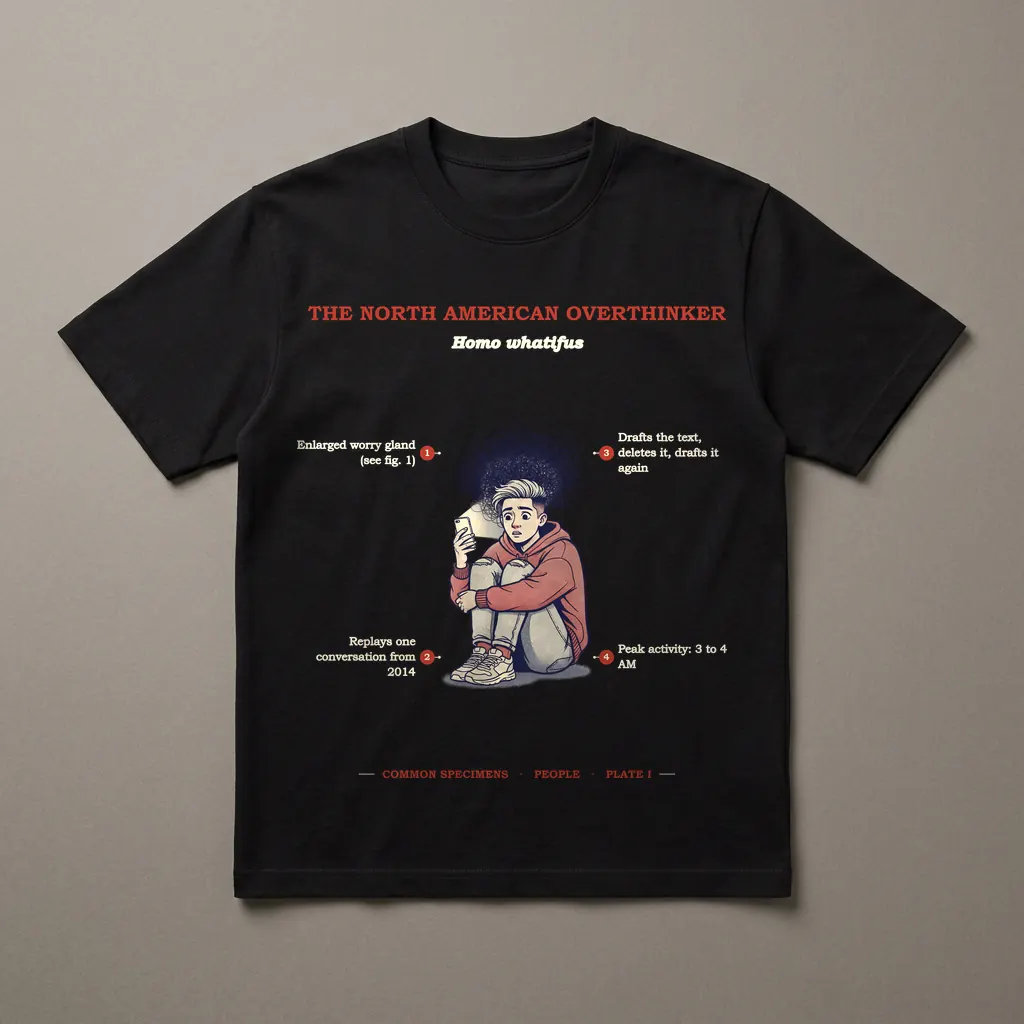THE NORTH AMERICAN OVERTHINKER, printed on a dark garment