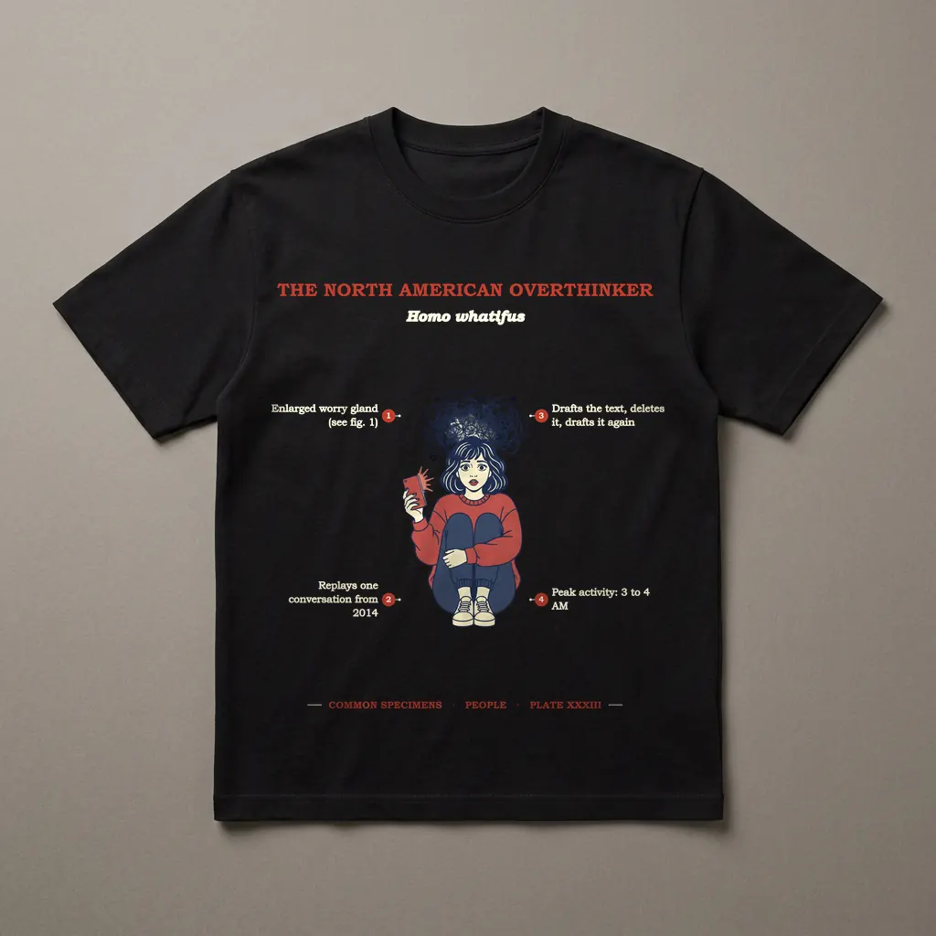 THE NORTH AMERICAN OVERTHINKER, printed on a dark garment