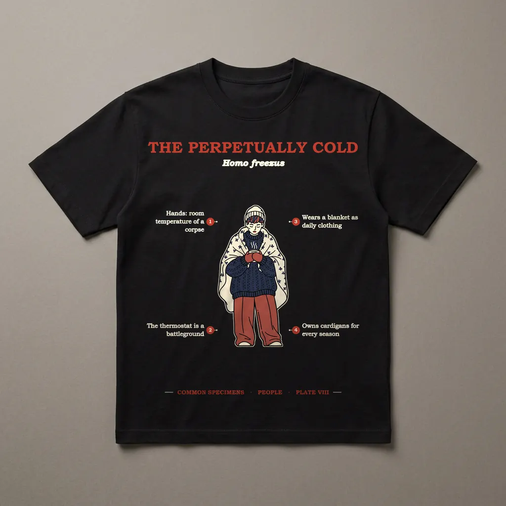 THE PERPETUALLY COLD, printed on a dark garment