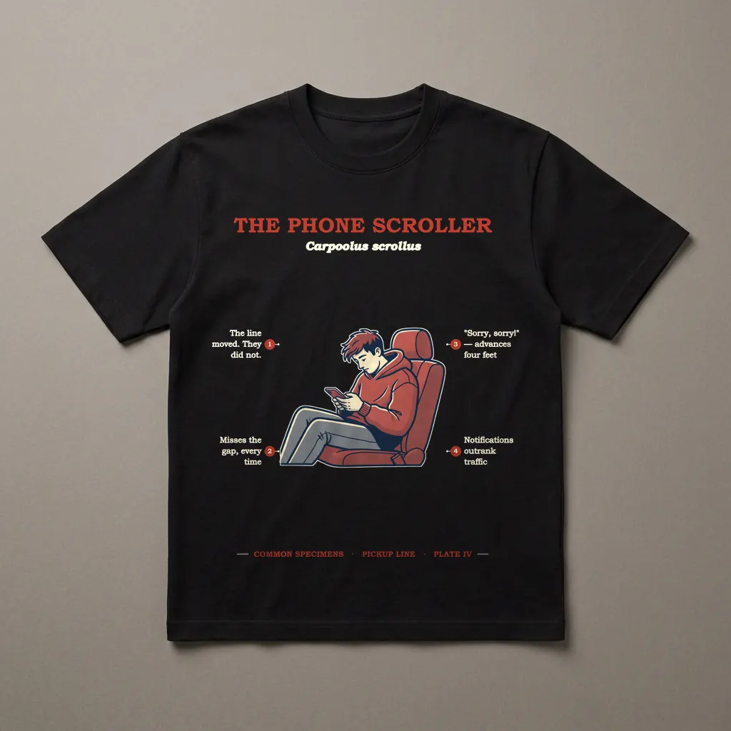 THE PHONE SCROLLER, printed on a dark garment
