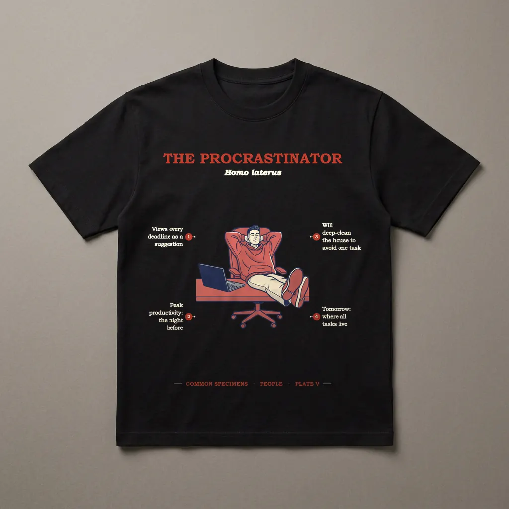 THE PROCRASTINATOR, printed on a dark garment