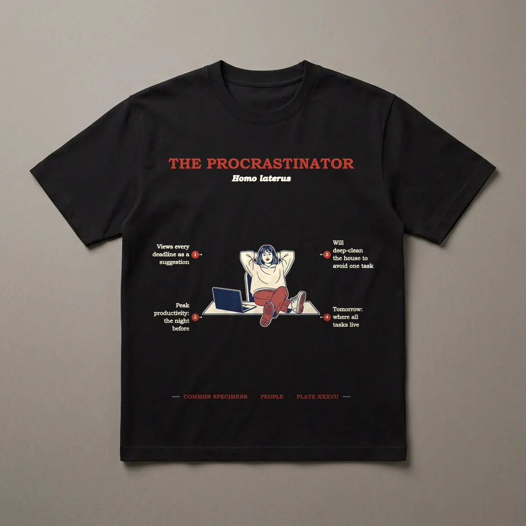 THE PROCRASTINATOR, printed on a dark garment